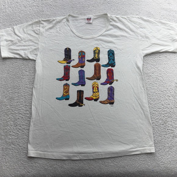 Anvil Tops - Vintage Anvil Cowboy Boots Graphic T-Shirt White L Made in USA 90s Scoop Neck